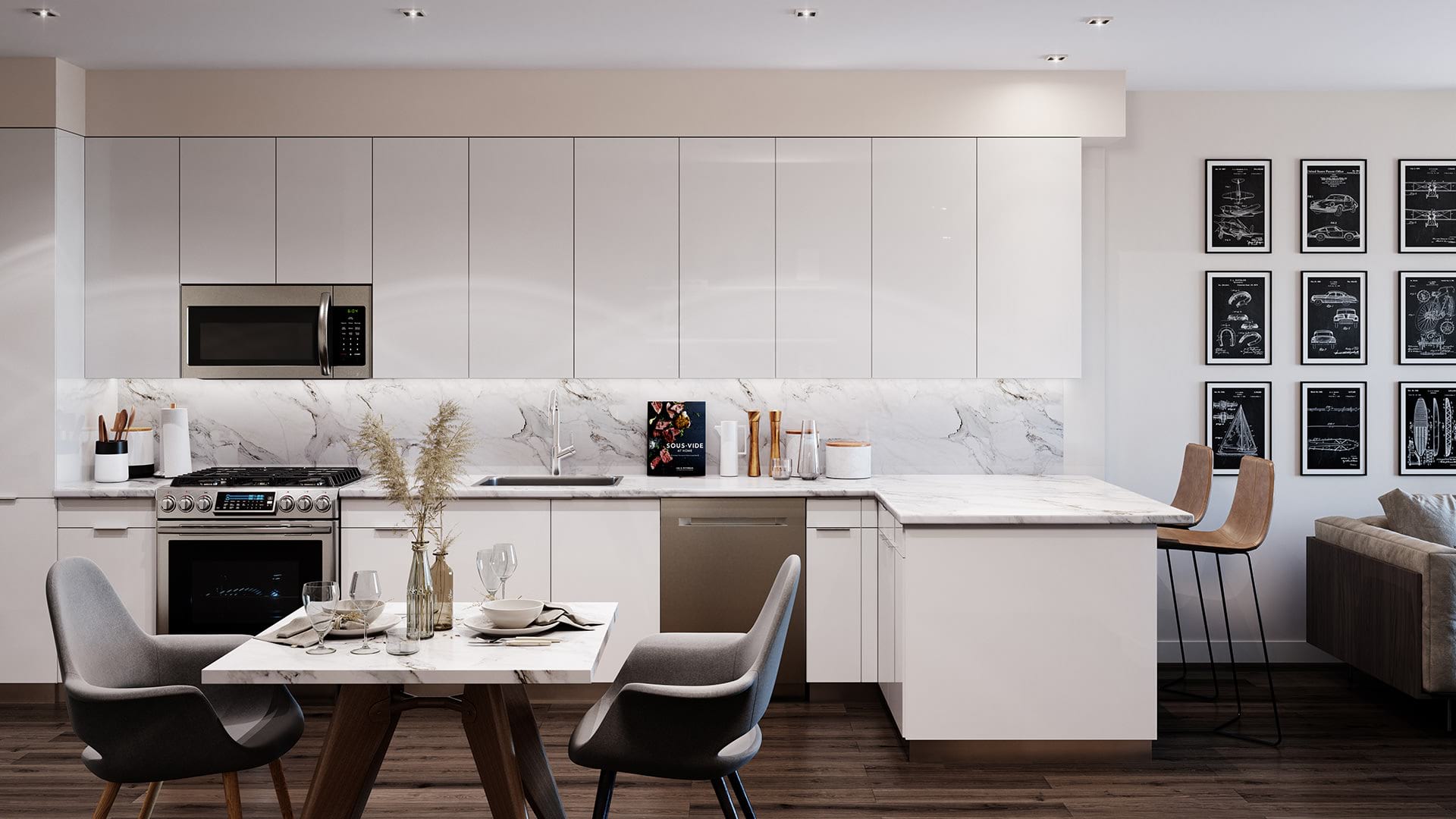 Modern kitchen with marble backsplash