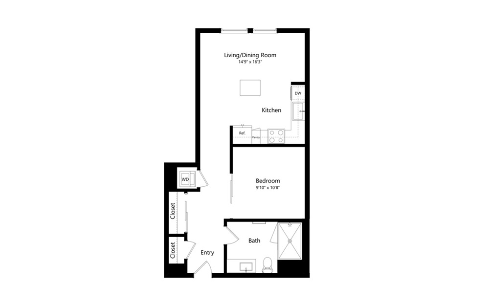 1.0B2 - 1 bedroom floorplan layout with 1 bath and 637 square feet.