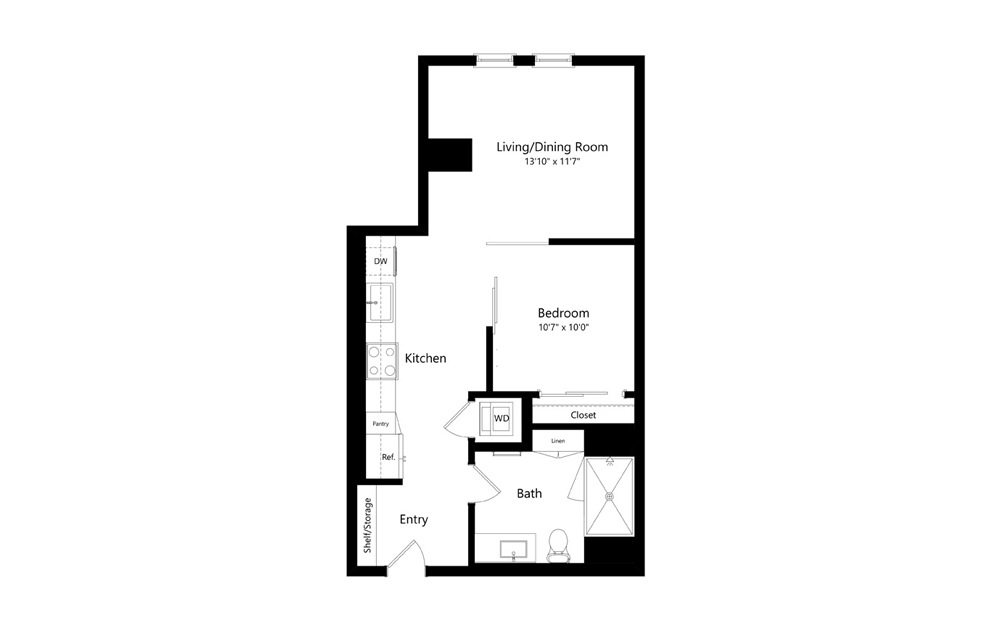 1.0F1 - 1 bedroom floorplan layout with 1 bath and 623 square feet.