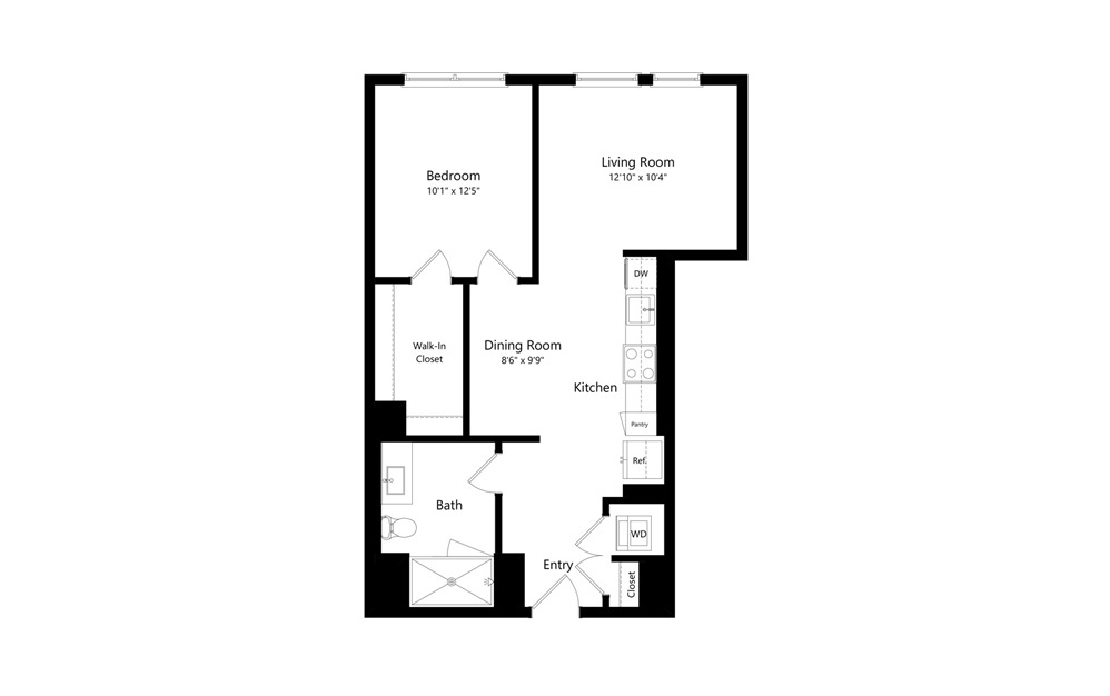 1F.1 - 1 bedroom floorplan layout with 1 bath and 737 square feet.
