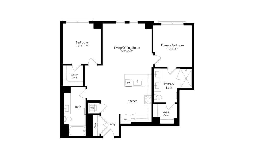 2B.2 - 2 bedroom floorplan layout with 2 baths and 1183 square feet.