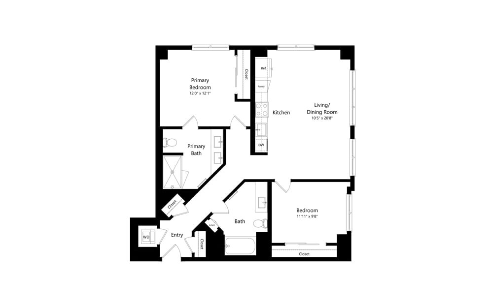 2H.2 - 2 bedroom floorplan layout with 2 baths and 1134 square feet.