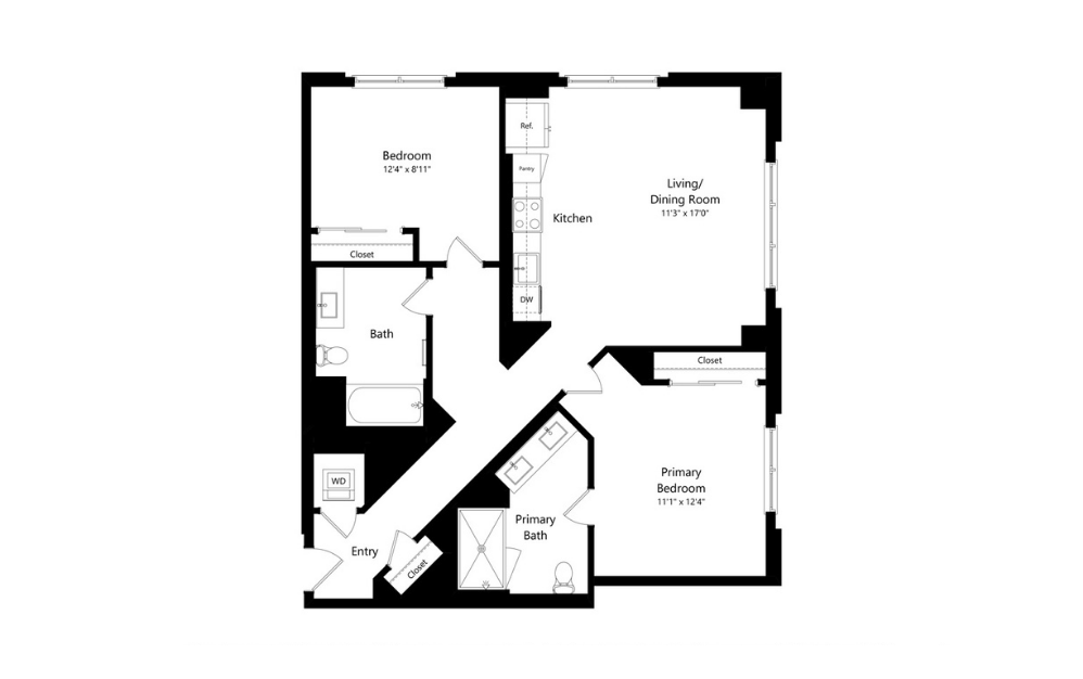 2J.2 - 2 bedroom floorplan layout with 2 baths and 1161 square feet.