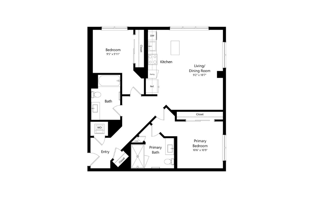 2K.1 - 2 bedroom floorplan layout with 2 baths and 1081 square feet.