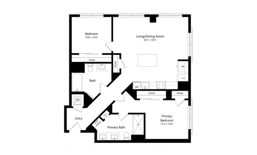 2L.1 - 2 bedroom floorplan layout with 2 baths and 1159 square feet.