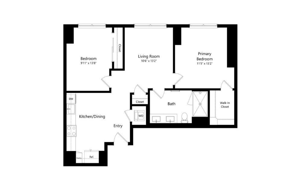 2M.1 - 2 bedroom floorplan layout with 1 bath and 935 square feet.