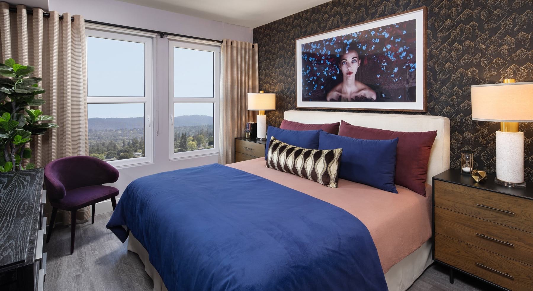 Spacious bedroom with high ceilings and ample light