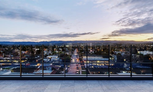 city views from rooftop terrace in the evening