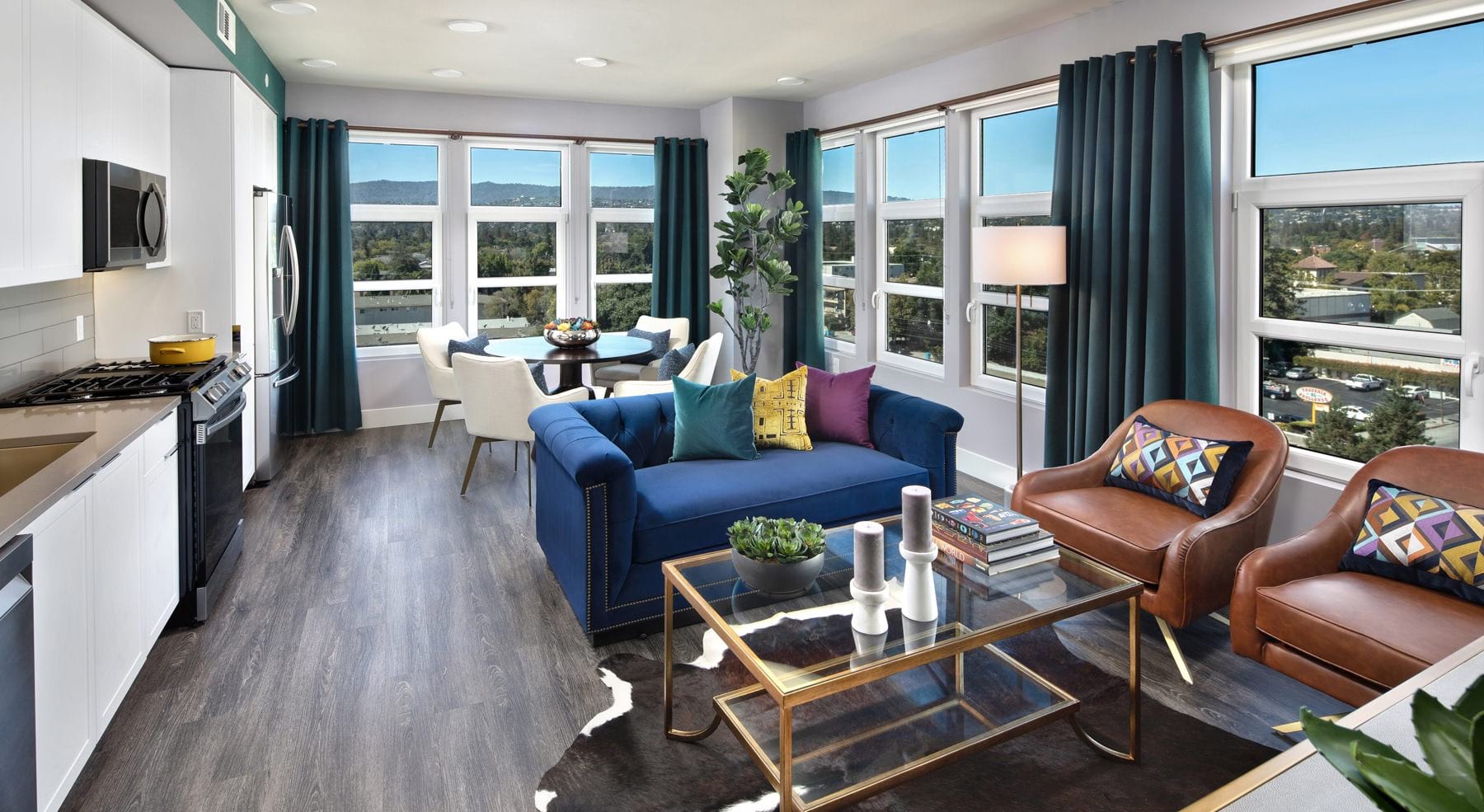 Modern living area with large wrap-around windows